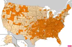 U.S. counties by percentage of population self-identifying Scotch-Irish and American ancestry according to the U.S. Census Bureau. Counties where Scotch-Irish and American ancestry is statistically overrepresented in full orange.