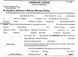 Marriage license of Hugh Connoran Short and Pauline Phelps. Country of Dawson, 1942