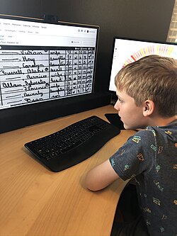A child looking at online genealogical materials.