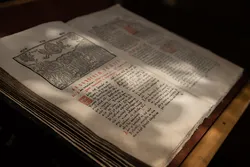 Old Christian manuscript written in Cyrillic on church pulpit