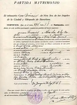 Marriage certificate of Arrigo Mosca and Ester García-Bravo. Barcelona, 1933.