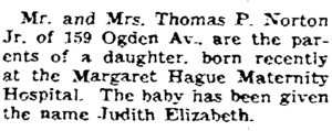 Birth announcement of Judy Elizabeth Norton