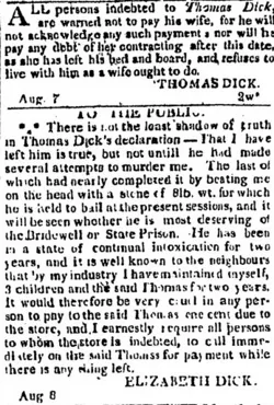 New York Evening News August 13, 1810 Thomas and Elizabeth Dick marital discord ads