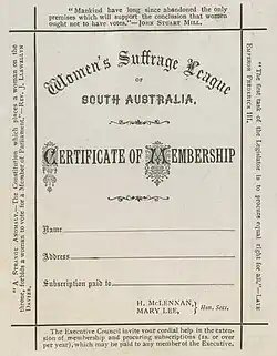 Membership form for the Women's Suffrage League of South Australia