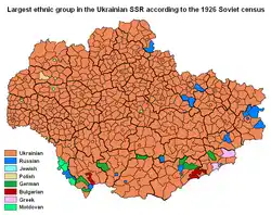 Largest ethnic group in raions and regional cities of Ukrainian SSR according to 1926 soviet census: