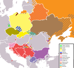 A linguistic map of the Slavic languages across Eastern Europe and the Balkans.