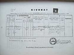 Birth certificate of Dezső Kosztolányi. 1907