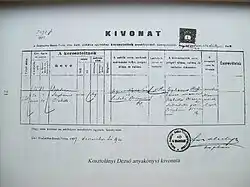 Birth certificate of Dezső Kosztolányi. 1907