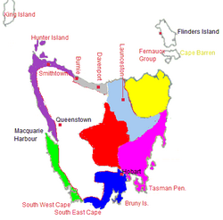 Map of the areas occupied in Tasmania by various Tasmanian Aboriginal Tribes.