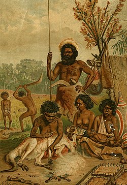 An Aboriginal family in a camp scene, a man stands behind with a spear, boomerang and club, three women are in front and two other people at left. One of the women is holding a dead kangaroo, another woman a baby, and the other woman a basket. There are at bottom right three pelts of possum skins pegged out to dry to make possum cloaks. In the background is a bark shelter and a tree from which hang two bags. There is a fire in the foreground. Print is from book Ratzel's 'History of Mankind'