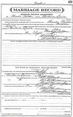 Marriage record of Charley Patton and Gertrude Lewis from 1908. Bolivar County, Mississippi