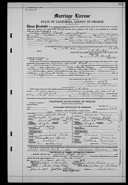 Marriage certificate of Wallie Dodd Ford and Carmen Treviño. Orange County, 1914.