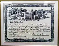 Marriage certificate for Ezra Taft Benson and Flora Smith Amussen, dated September 10, 1926.