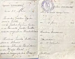 Marriage certificate Hendrikus Gorter and Christina Hendriksen. The Hague, 1916