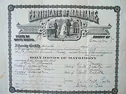 Marriage certificate of John Shimmick and Catherine Klein. Waverly, 1908.