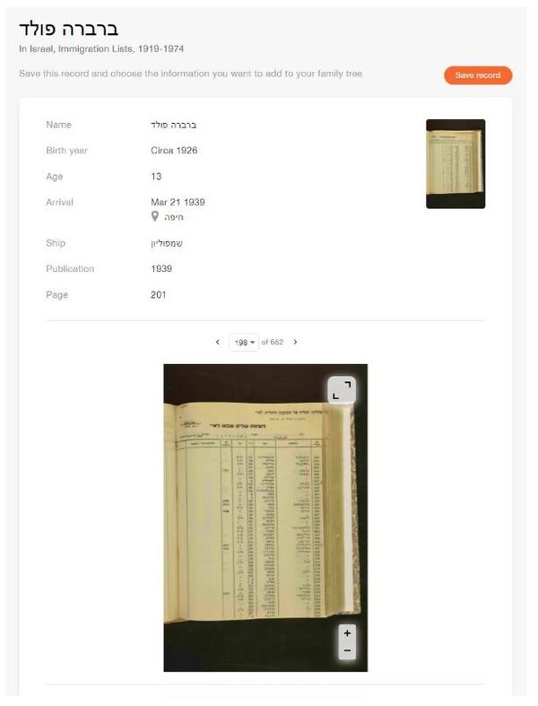 Full record of Bracha Fuld in the collection "Israel Immigration Lists". MyHeritage.