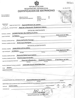 Marriage certificate of Alonso Del Portillo y Leyva and Dania Leyva López. Havana, 2002
