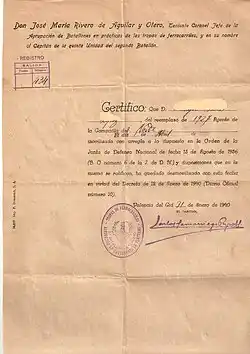 Spanish demobilization certificate