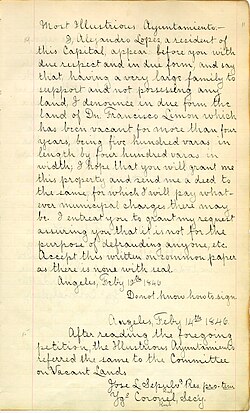 Petition of Alejandro Lopes for deed to land vacated by Francisco Limon. Los Angeles, 1846.