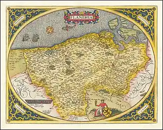 Abraham Ortelius' second map of Flanders, from the 1584 Latin edition of his Theatrum Orbis Terrarum, the first modern atlas of the world. The map has a decorative strapwork egg-shaped border. It is embellished with a compass rose, sailing ships, sea monsters, a seated woman holding grain and a coat of arms with the Flemish lion. The map is based on Gerard Mercator's map of Flanders of 1540.