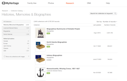 Free historical record collections labeled on the MyHeritage Collection Catalog