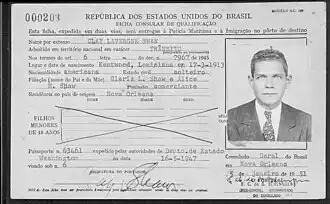 Cartão de imigração de Clay LaVergne Shaw