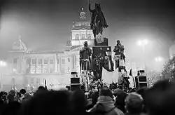 Protest rally at Wenceslas Square, Prague, Czechoslovakia during the Velvet Revolution in 1989