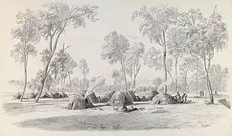 Aboriginal winter encampments in wurlies, near Adelaide, South Australia, Eugene von Guérard ca. 1858