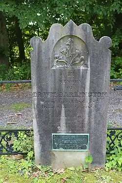 Tombstone of William Darlington, an American physician, botanist, and politician who was disowned by the Quakers for joining a military organization in 1806.