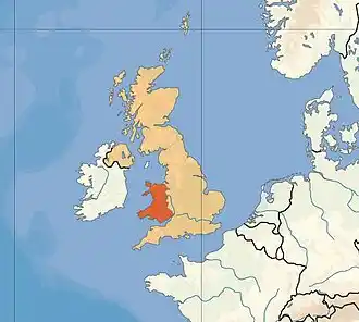 Location of Wales in UK, on terrain map showing surface and underwater contour areas.