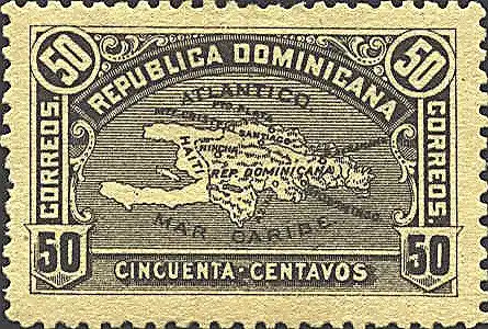 A stamp from October 21, 1900 showing a map of Hispaniola; an Island in the Caribbean that is part of the Greater Antilles.