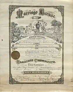 Marriage certificate of John P. Parrish and Florence Heaton, married at St. John's Church in Crawfordsville, Indiana