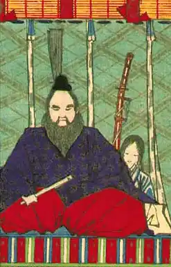 Tawara Hidesato - "Dai Nippon Meisho Kagami" (Mirror of the Famous Generals of Japan), by Yoshitoshi Tsukioka (Taiso) (1839-1892). Depicted is Tawara no Toda Hidesato. When Hidesato met Taira no Masakado, Masakado was very rude and Hidesato decided to confront Masakado.