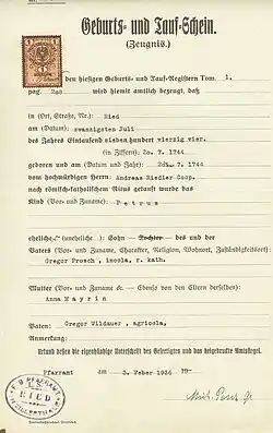 Birth and baptism certificate of Peter Prosch