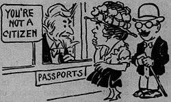 Political cartoon of Expatriation Act of 1907 revoking American citizenship of women that married aliens