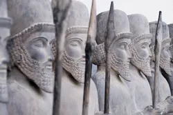 Lined up Persian warrior statues in Tehran, Iran