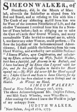 The Massachusetts Gazette September 6, 1773 Gazette Simeon Walker marital discord ad