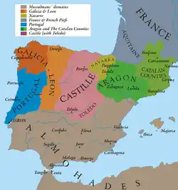 Map of Spain in the thirteenth century showing the various Spanish kingdoms and the extent of Muslim rule at that time
