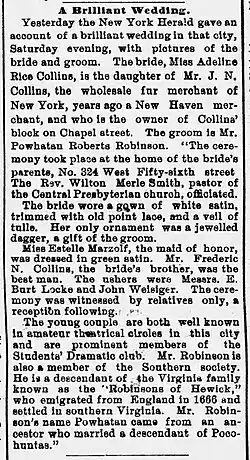 Annoucement of the wedding of Powhatan Roberts Robinson and Adeline Rice Collins in the The Morning Journal Courier of New Haven, Connecticut on October 2, 1893