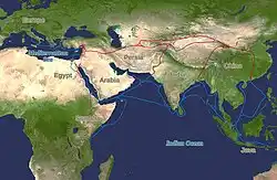 The Silk Roads extended from China and Southeast Asia through India and Transoxiana to the Middle East and Europe.