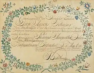 Married license issued by the Dutch East India Company of Jan Marcus Scheeper and Margaritha Dubon. 1763