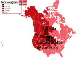 Map of North America with percentages of Norwegian Americans and Canadians in every state and province.