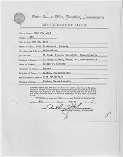 birth record of John Kennedy
