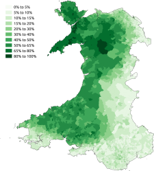 A map showing the geographical distribution of Welsh speakers in modern-day Wales.