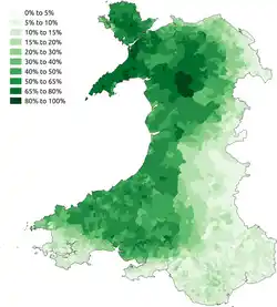A map showing the geographical distribution of Welsh speakers in modern-day Wales.