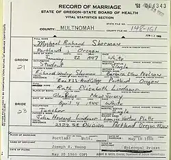 Marriage record of Ruth Elizabeth Lindauer and Michael Richard Sherman. Portland, 1968