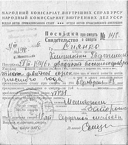 Death certificate of Klimentiy Yevdokimovich.