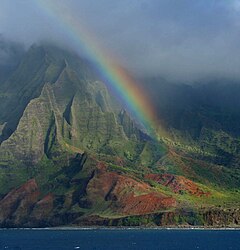 A rainbow over the mountains off the coast of the Big Island of Hawaii