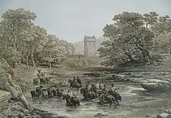 A 19th-century print depicting the Reivers' raid on Gilnockie Tower in Scotland