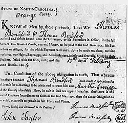 Marriage Certificate for the marriage of Thomas Bradford to Martha Garrison of Orange County, North Carolina, February 13, 1804.